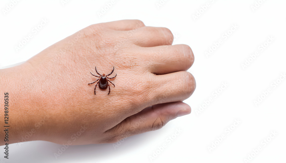 Obraz premium macro close-up of a brown tick on human hand, detailed view of parasite insect on skin, vector for disease transmission on isolated white background 