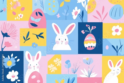 A flat illustration of an Easter-themed pattern with various bunnies, eggs, and flowers in pastel colors, on squares, colorful mosaic, abstract geometric shapes.