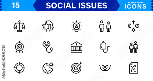 Social Issues Icon Set. High-Quality Vector Icons for Equality, Justice, Human Rights, and Community Awareness