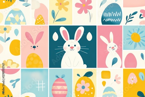 A flat illustration of an Easter-themed pattern with various bunnies, eggs, and flowers in pastel colors, on squares, colorful mosaic, abstract geometric shapes.