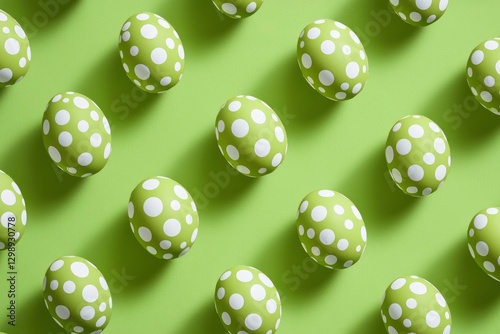 A pattern of polka-dotted Easter eggs on a lime green background. Happy Easter Festival Concept, April 2025.