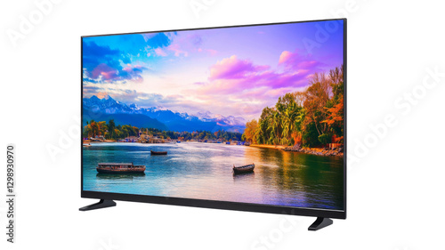 4k tv showing tropical landscape with boats at sunset on transparent background