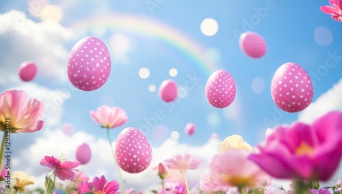 Pink clouds with pink polka-dotted eggs falling from the sky, flowers and a rainbow in the background, Easter theme.