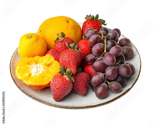 plate of spoiled fruits including mushy strawberries, wrinkled grapes, and discolored citrus, decayed produce with visible mold and shriveled texture, decomposing food waste, on isolated background
 photo