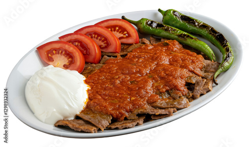 PNG Turkish Döner Iskender Kebab - Tender thin rich slices of döner meat smothered in rich tomato sauce, served over mini cube shaped sliced pide bread pieces and dollop of yoghurt