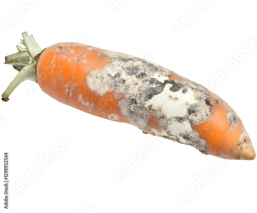 rotting carrot with shriveled edges and white mold patches, spoiled vegetable with fungal growth, decayed food waste, on isolated background
