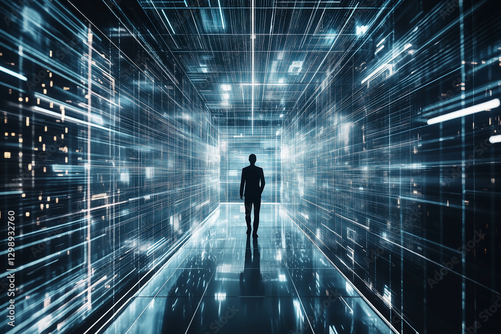Illustration of a professional businessman in silhouette strides through an illuminated corridor. Corporate, business strategy, and leadership themes. Illustration of a professional businessman in silhouette strides through an illuminated corridor. Corporate, business strategy, and leadership themes.