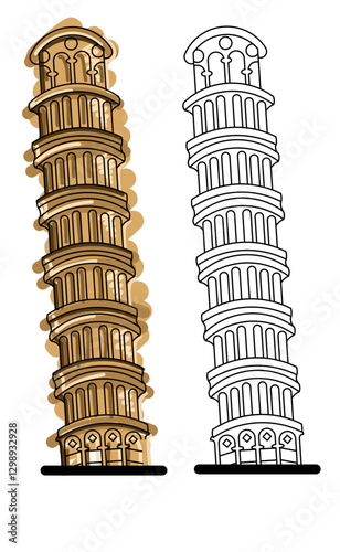 Leaning Tower of Pisa illustration, isolated on white background, famous world landmark in Italy. Travel vector illustration, line and flat style.