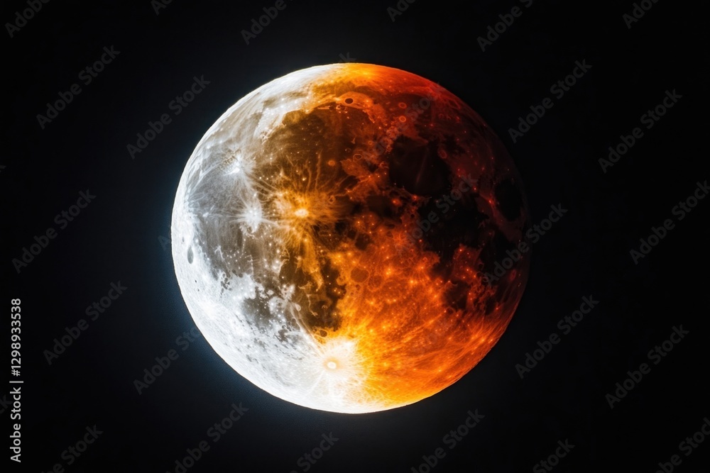 Fototapeta premium lunar eclipse showing the transformation of the moon from bright silver to deep red, with visible craters and valleys