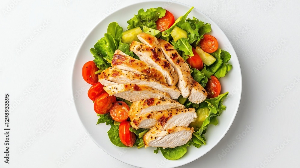 A delicious plate of grilled chicken served on a bed of fresh greens and cherry tomatoes. A delicious plate of grilled chicken served on a bed of fresh greens and cherry tomatoes.