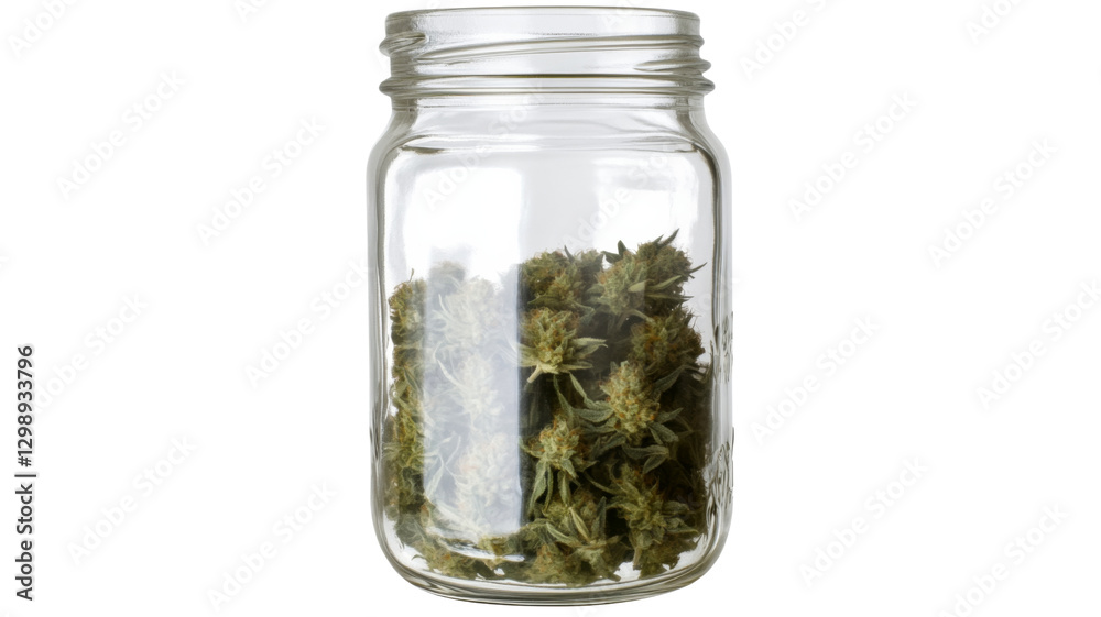 Cannabis buds stored in glass jar with transparent background Cannabis buds stored in glass jar with transparent background