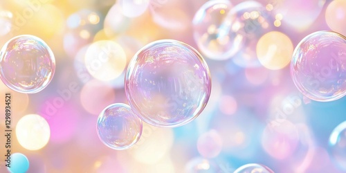 Translucent soap bubbles float gracefully through a vibrant pastel background, creating a dreamy and playful atmosphere that invites imagination and joy