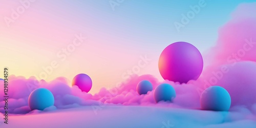 Vibrant neon fog blending into soft pastel gradients creates a surreal abstract aesthetic in a dreamlike atmosphere with colorful spheres