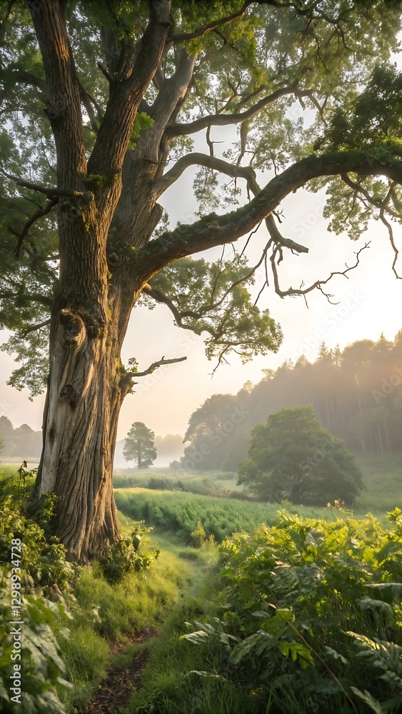 Fototapeta premium Majestic Ancient Tree Landscape Photography Sunrise Path, Misty Valley
