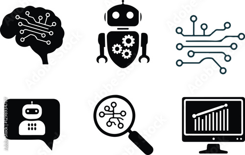 AI, tools, silhouette, vector, illustration, minimalistic, black, modern, clean, design, machine learning, neural network, chatbot, automation, data analysis, deep learning, AI search, robotics, compu