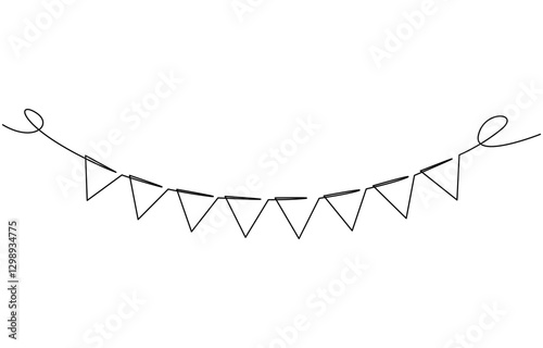Continuous line art drawing buntings garland. Celebration party hand drawn flags, One line party garland sketch. Hand drawn elements.