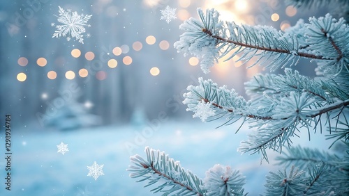Snowy pine branch, winter wonderland bokeh background