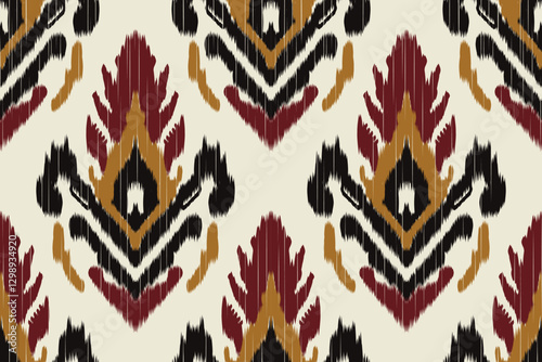 Seamless ethnic ikat pattern featuring tribal and folk embroidery combined with Mexican Aztec geometrics. Perfect for graphic art, rug design, wallpaper, wrapping and clothing.