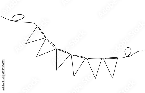 Continuous line art drawing buntings garland. Celebration party hand drawn flags, One line party garland sketch. Hand drawn elements.