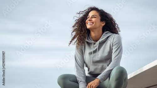 Woman's joyful spirit in activewear, embracing the sky with happiness