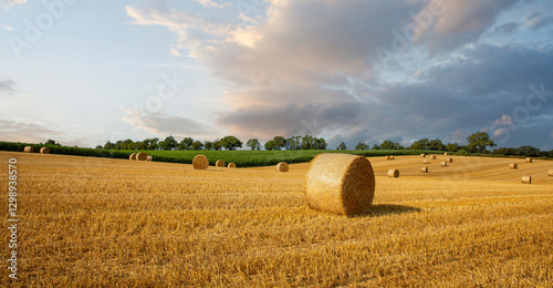 Obraz na plátně Paysage de champ de blé et meules de foin en pleine nature en été après les moissons