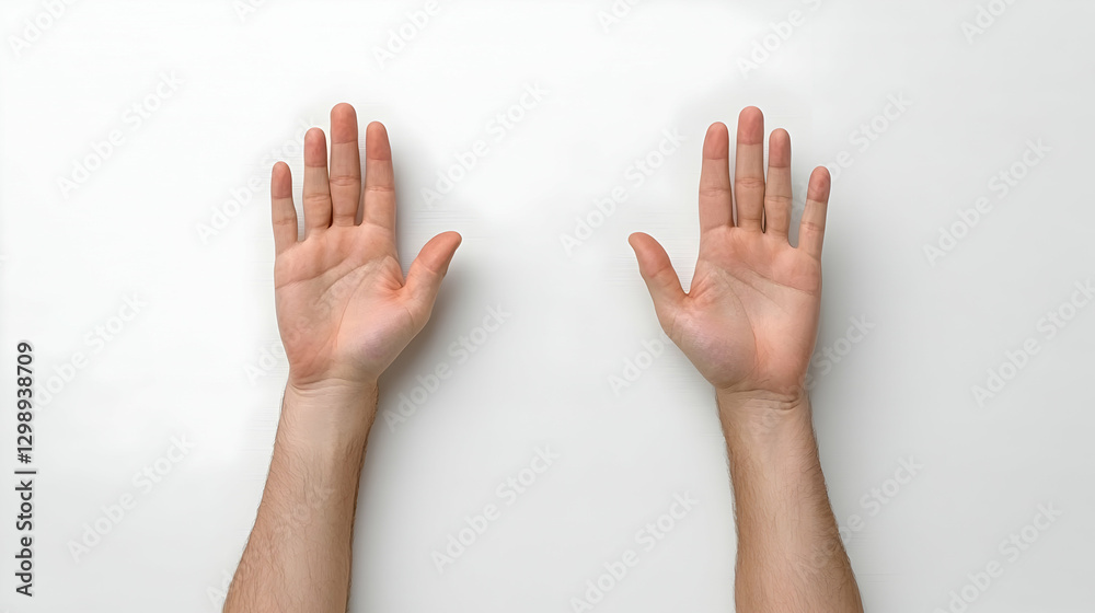 Two hands raised, white background, overhead view, for website design Two hands raised, white background, overhead view, for website design