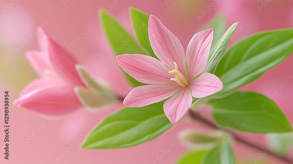 Delicate pink flowers with green leaves against soft pink background, showcasing nature beauty and tranquility Delicate pink flowers with green leaves against soft pink background, showcasing nature beauty and tranquility