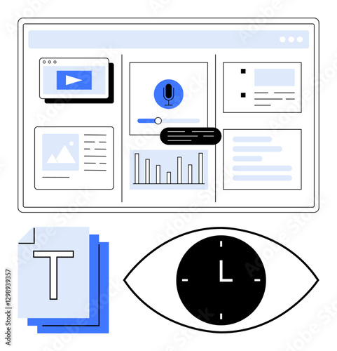 Digital interface displaying video, audio, text files, charts, and analytics. Eye icon with clock highlighting time tracking. Ideal for content creation, productivity, collaboration optimization