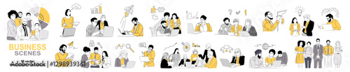 Set of Business scene vector outline illustrations isolate on white background. Collection of men, women, business team working together, taking part in business activities, meeting, discussing.