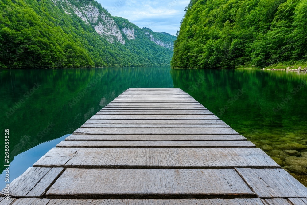 Naklejka premium A wooden dock extending into a still lake, surrounded by dense forest and a mirror-like reflection