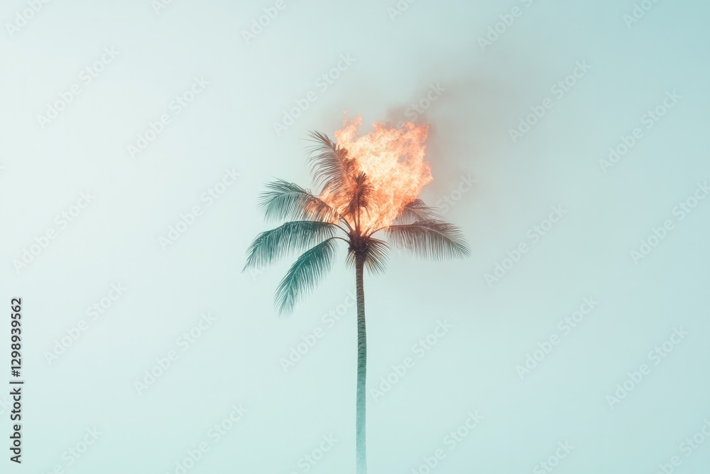 Obraz premium portrait of single burning palm tree isolated against stormy blue-gray sky symbolizing environmental devastation