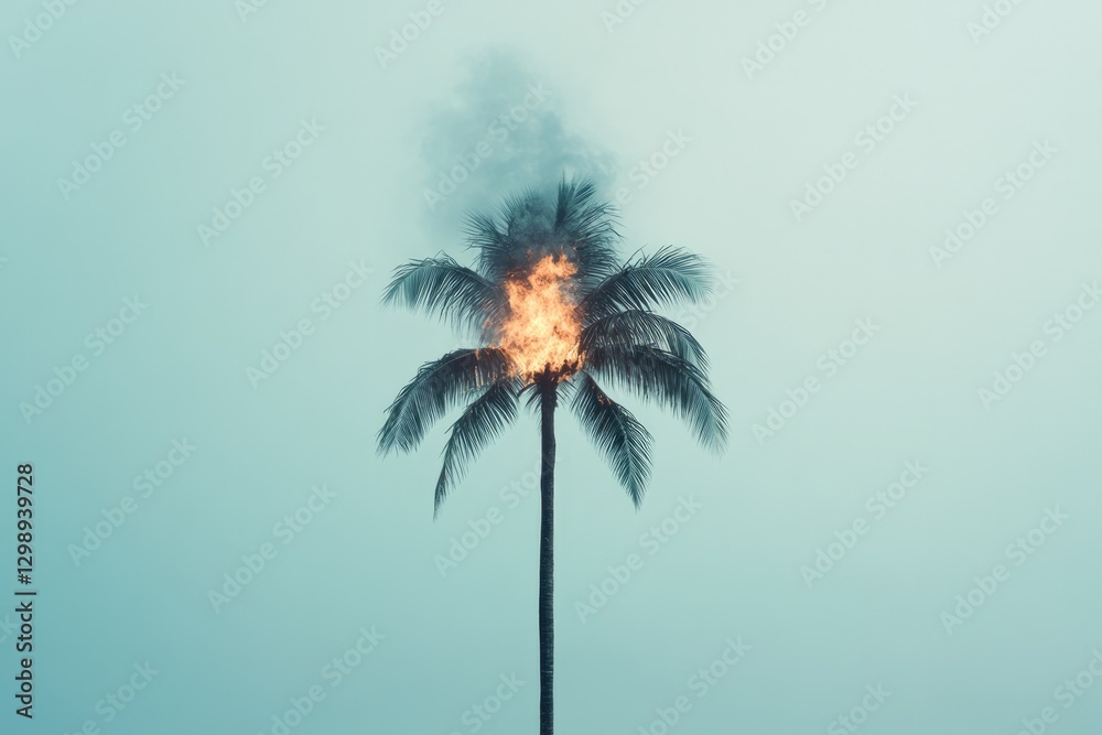 Fototapeta premium portrait of single burning palm tree isolated against stormy blue-gray sky symbolizing environmental devastation