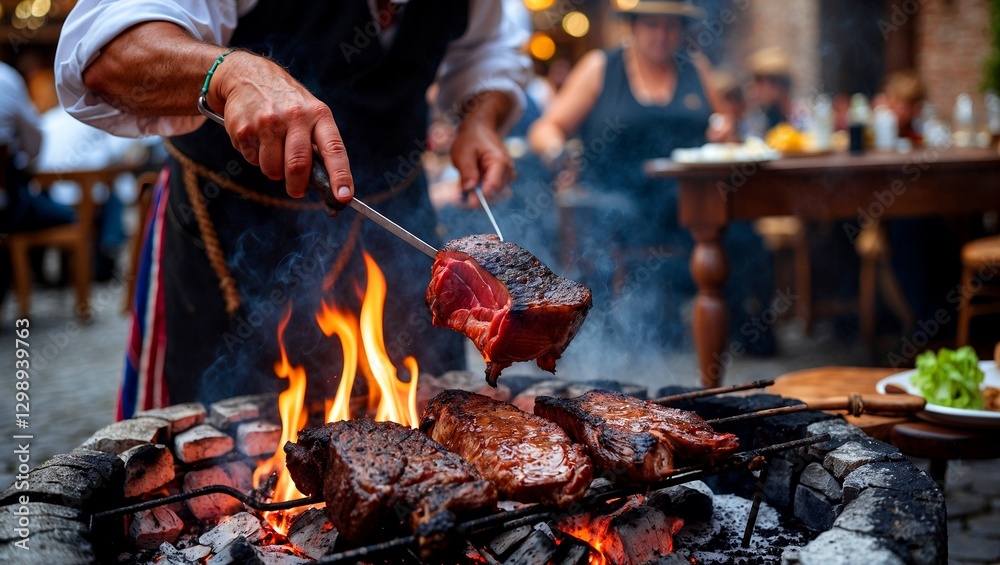 Fototapeta premium Gaucho preparing traditional barbecue over open fire