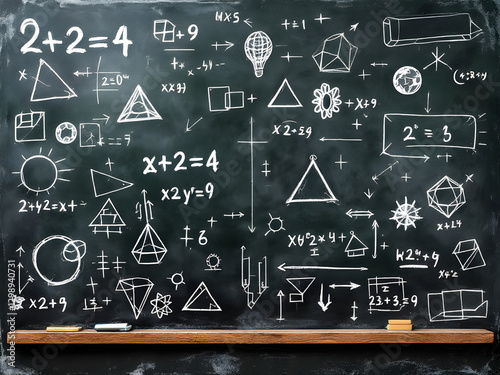 Comprehensive Educational Chalkboard Illustrating Diverse Mathematical Concepts, Scientific Diagrams, and Academic Symbols