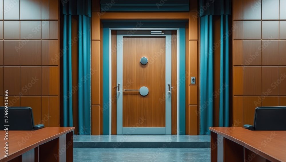 Fototapeta premium Modern conference room with wooden door and teal curtains, featuring a dark table and chairs