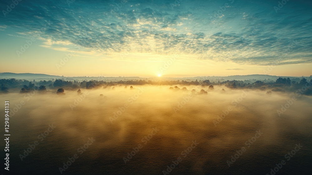 Obraz premium Golden sunrise illuminating a thick layer of morning mist over a quiet forest valley.