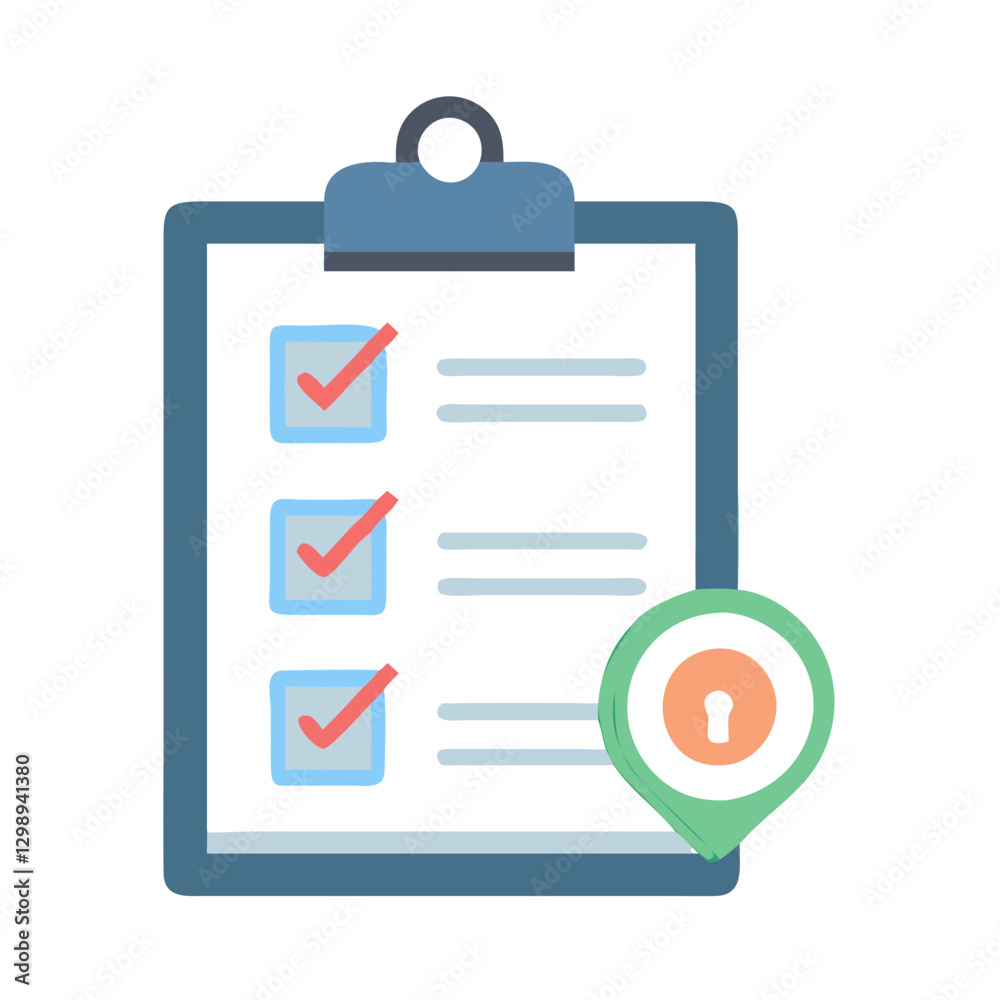 Checklist with red checkmarks and a shield icon signifying security compliance review Checklist with red checkmarks and a shield icon signifying security compliance review
