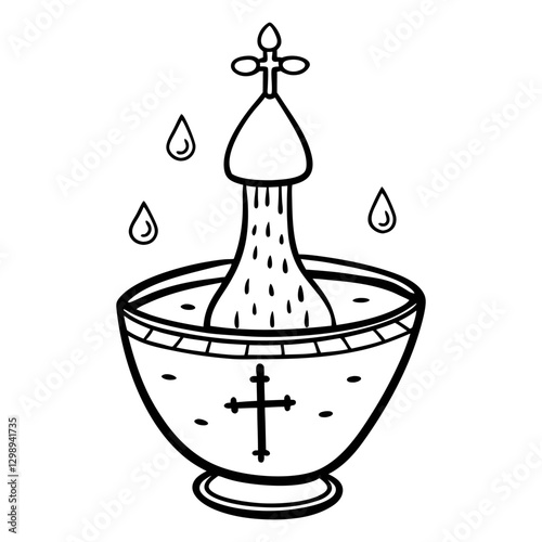 Baptismal Font Line Art with Flowing Water and Cross Symbol