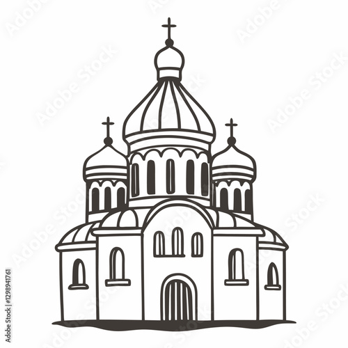 Vector Illustration of Orthodox Church with Domes in Line Art Style
