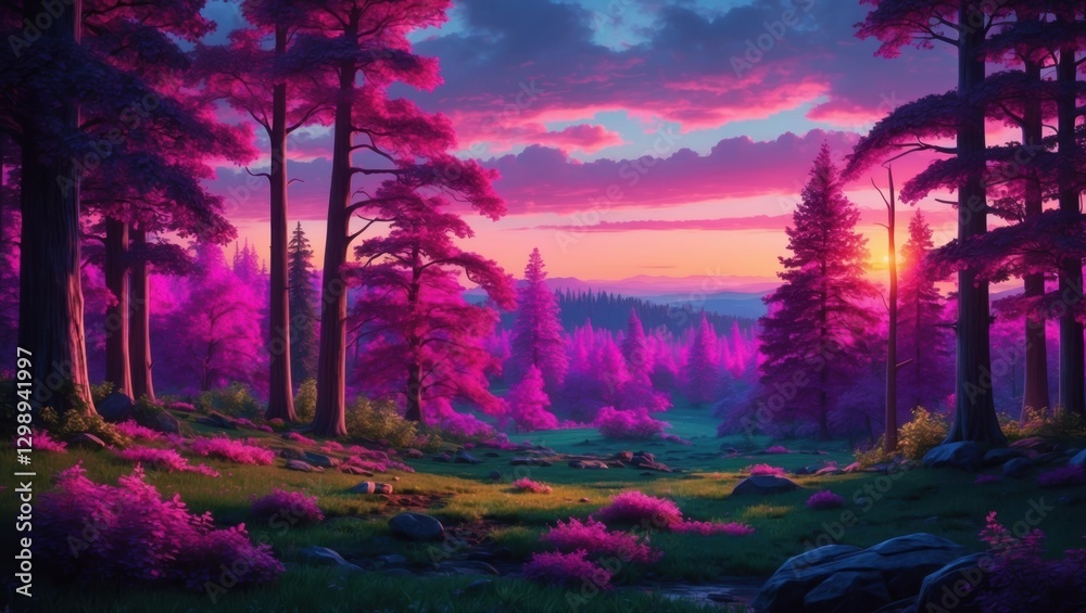 Obraz premium Pink Trees Dreamscape. Surreal Forest Landscape at Sunset with Purple Sky and Glowing Light