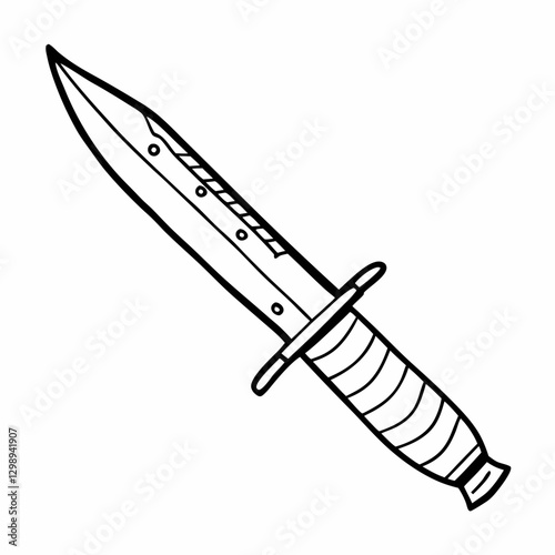 Line Art Illustration of a Tactical Hunting Knife with Textured Handle