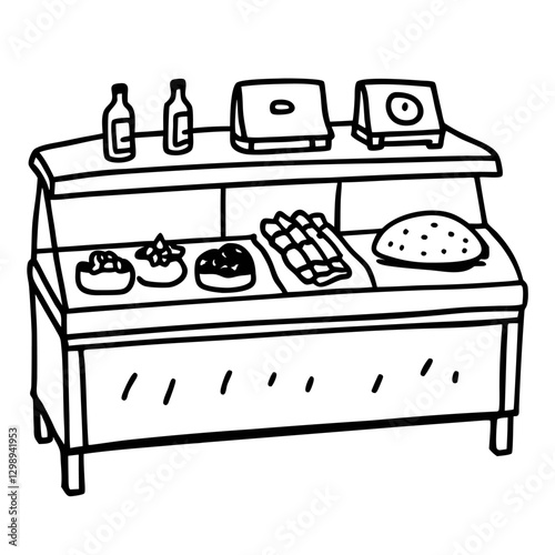 Deli Counter Illustration with Food and Beverage Items