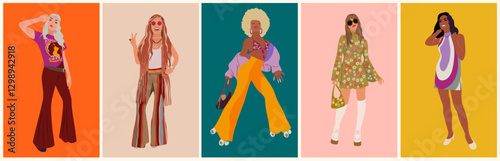 Set of Beautiful hippie girls in fashion retro 70s stylish outfit. Portrait of cute young women. Groovy baby. Hand drawn illustrations isolated on colorful background. Funky characters.