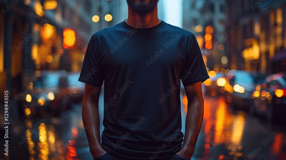 Close-up of a handsome man wearing a black t-shirt, standing confidently in a vibrant urban setting at night. Close-up of a handsome man wearing a black t-shirt, standing confidently in a vibrant urban setting at night.