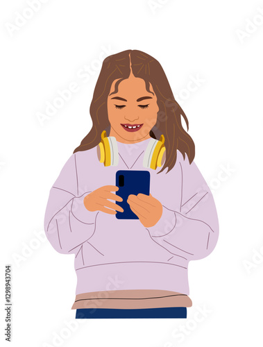 Cute little girl playing video game on smart phones. Phone, internet addiction concept. School Child Using Gadget, Kids Remote Education. Vector Illustration isolated 