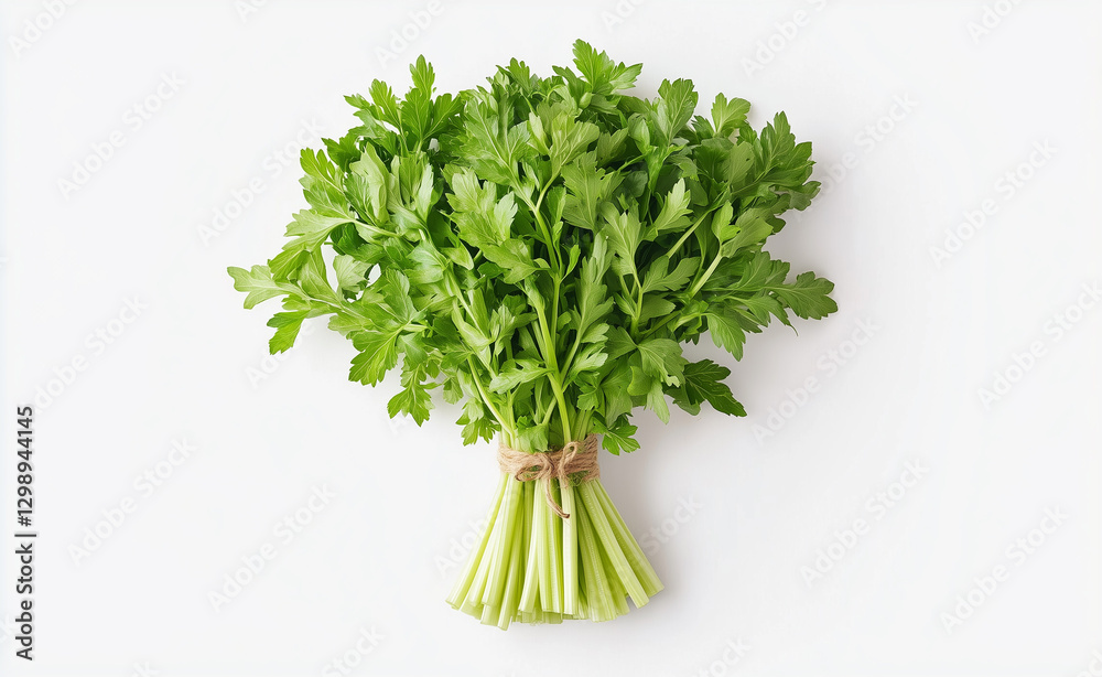 A Bunch of Fresh Green Parsley Tied with Twine on White Background A Bunch of Fresh Green Parsley Tied with Twine on White Background