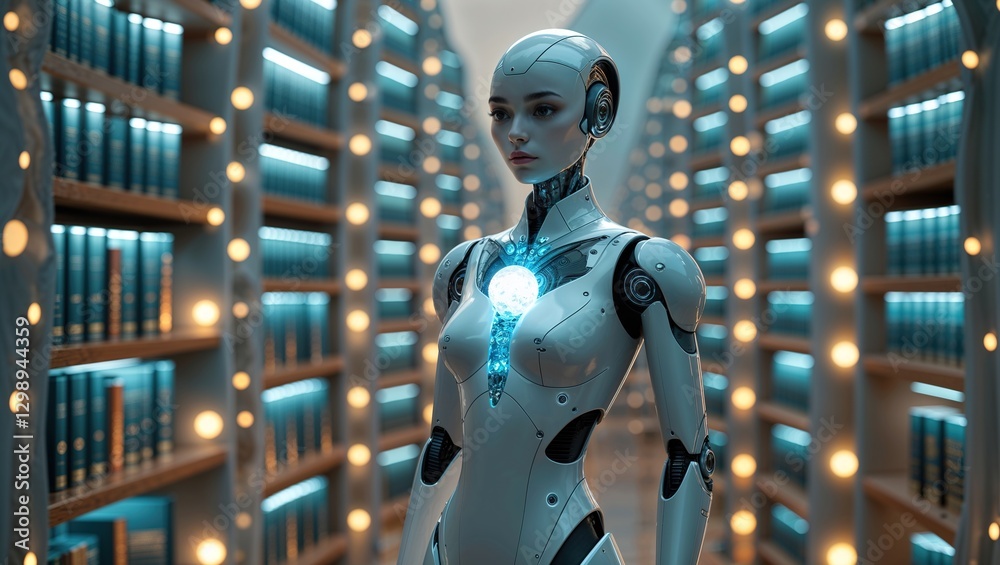 In a modern library setting, a humanoid robot stands among rows of illuminated bookshelves, suggesting the trend of automation taking over traditional job roles, especially in knowledge-based fields In a modern library setting, a humanoid robot stands among rows of illuminated bookshelves, suggesting the trend of automation taking over traditional job roles, especially in knowledge-based fields