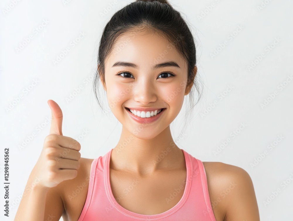 Japanese female athlete showing thumbs up, white background around. Japanese female athlete showing thumbs up, white background around.