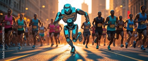A futuristic robot races alongside numerous human runners in a marathon held on a bustling city street, with sunlight casting dramatic shadows on the pavement
