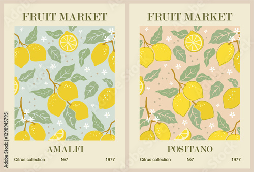 Set of abstract Fruit Market retro posters. Trendy contemporary wall arts with lemon design in danish pastel colors. Modern naive groovy funky interior decorations, paintings. Vector art illustration.